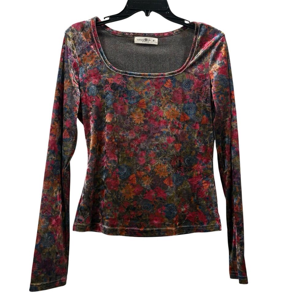 Natural Life Velvet Floral Danielle Square Neck Long Sleeve Top Size M - Picture 3 of 9